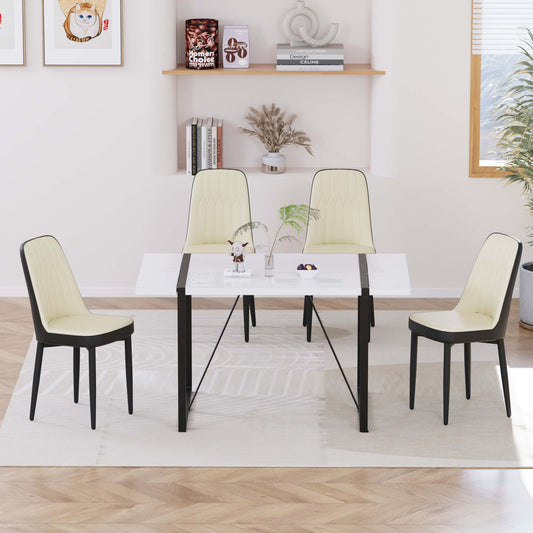 55 '4-person modern MDF dining table set, kitchen black metal leg dining table and chair set, industrial rectangular white tabletop and dining room thick padded PU dining chairs