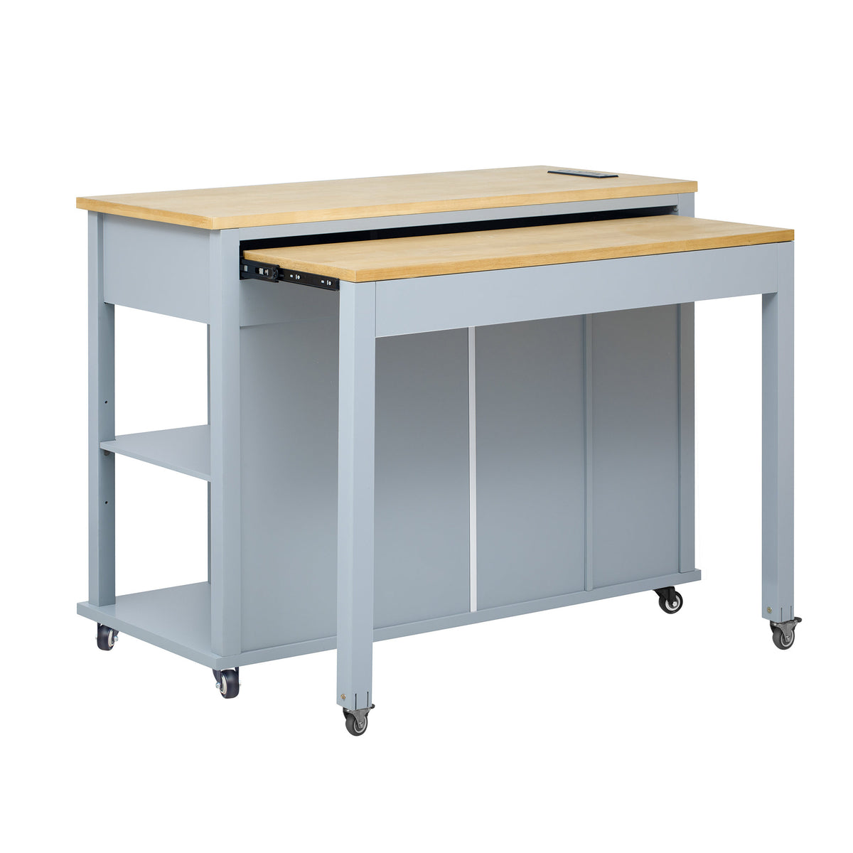 K&K 47 inch Kitchen Island with Extendable Dining Table, Rubber Wood Veneer Kitchen Table with Internal Storage Rack, Power Outlet