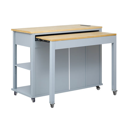 K&K 47 inch Kitchen Island with Extendable Dining Table, Rubber Wood Veneer Kitchen Table with Internal Storage Rack, Power Outlet