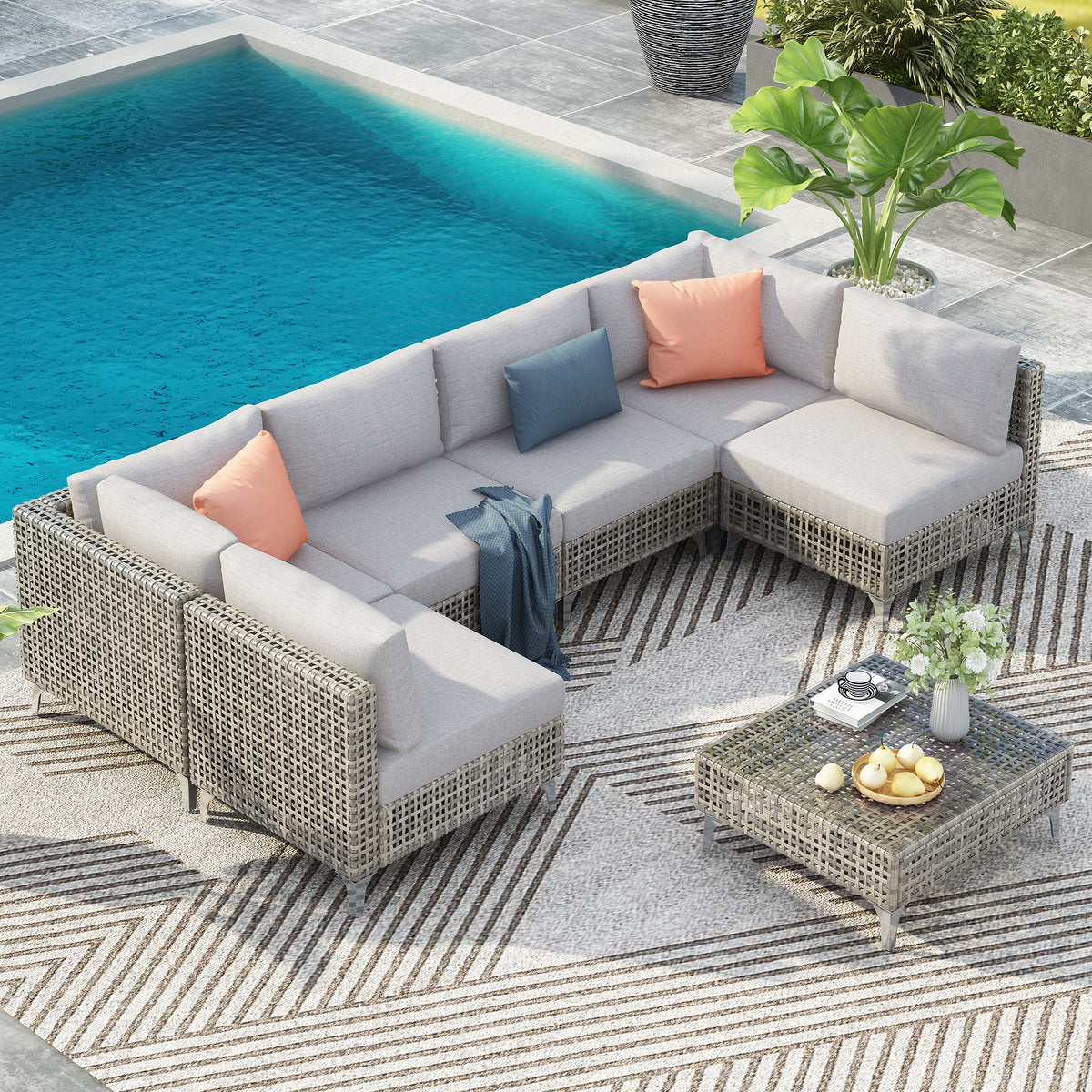 K&K 7-Piece Wicker Patio Furniture Set, Outdoor Conversation Set Sectional Sofa with Water Resistant Grey Thick Cushions and Coffee Table