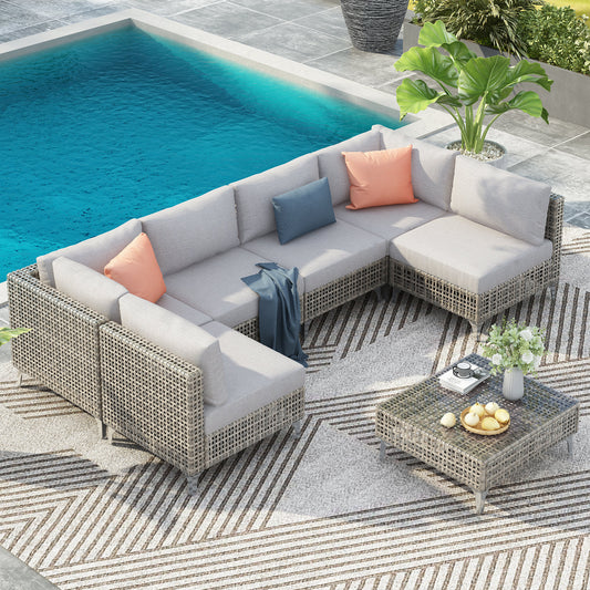 K&K 7-Piece Wicker Patio Furniture Set, Outdoor Conversation Set Sectional Sofa with Water Resistant Grey Thick Cushions and Coffee Table