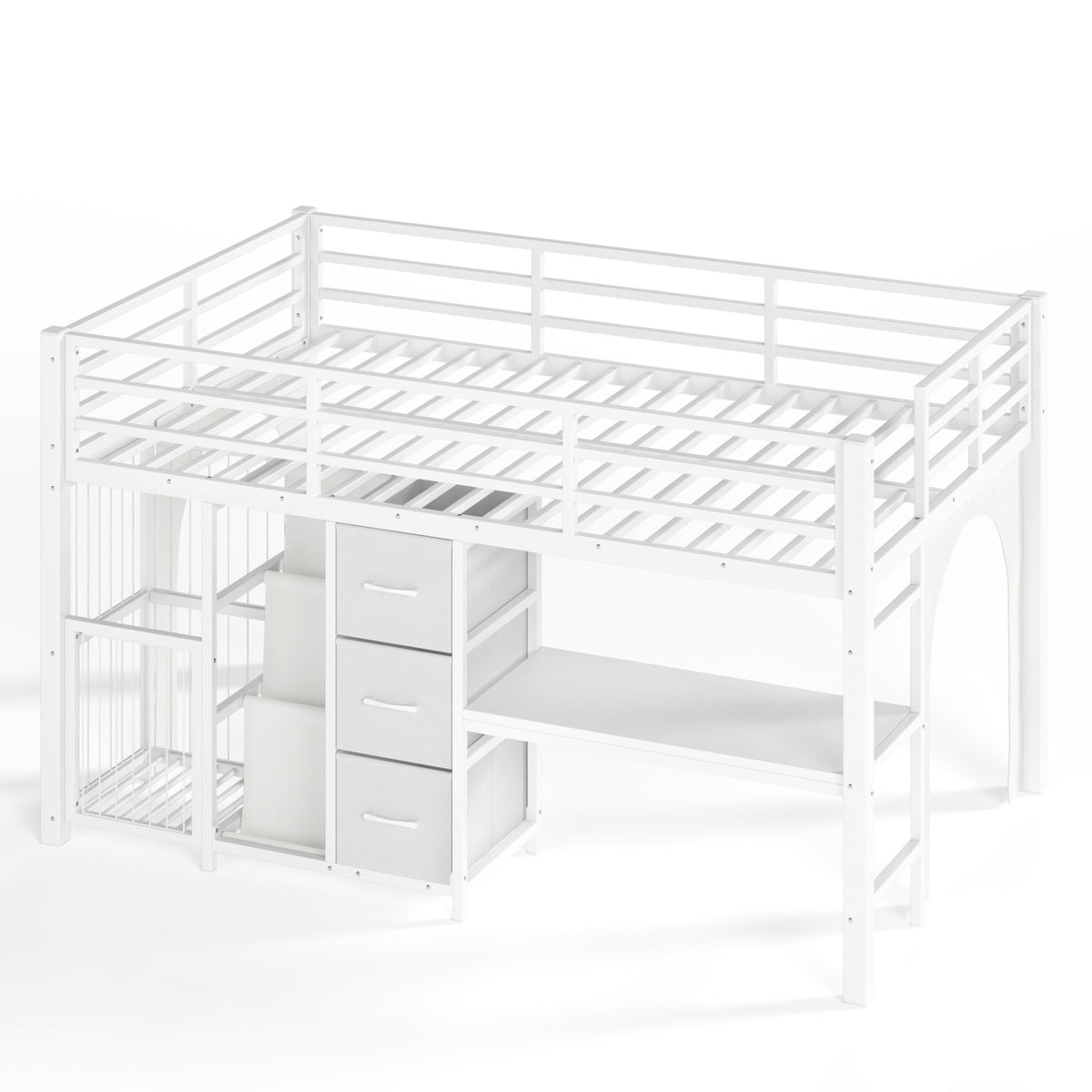 Twin Metal Low Loft Bed for Kids, Low Loft Bed with Storage Drawer, Low Loft Bed with Bookshelf & Built-in Desk, Sturdy Low Loft Bed Frame, Multi-Function Low Loft Bed for Kids.White