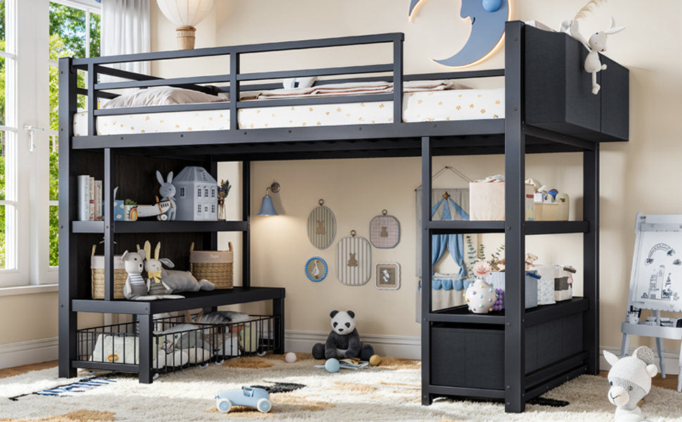 Twin Metal Low Loft Bed for Kids, Low Loft Bed with Storage Drawer, Low Loft Bed with Bookshelf & Storage Bag, Sturdy Low Loft bed Frame with Open Storage Space for Bedroom, Black