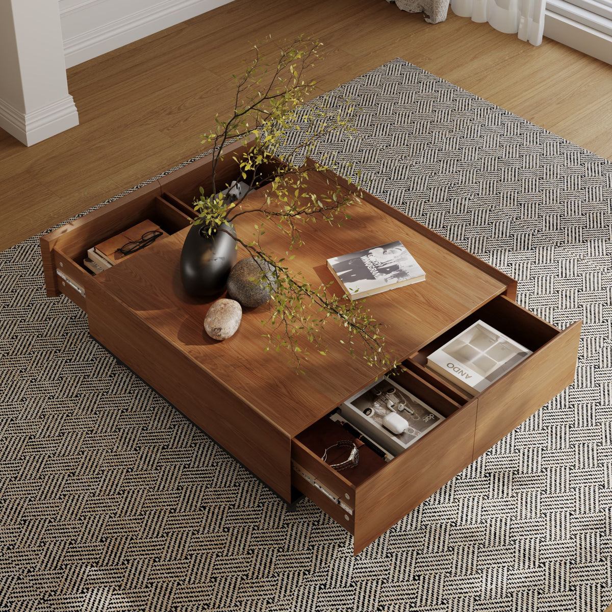 35.43" Square Walnut Finish Coffee Table with Hidden Drawer and Black Base, Modern Large Cocktail Center Table with Storage for Living Room, Apartment and Office