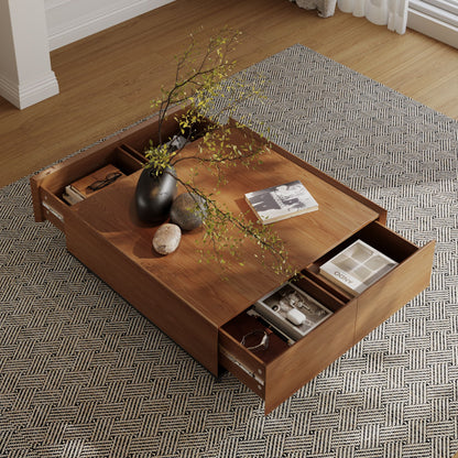 35.43" Square Walnut Finish Coffee Table with Hidden Drawer and Black Base, Modern Large Cocktail Center Table with Storage for Living Room, Apartment and Office