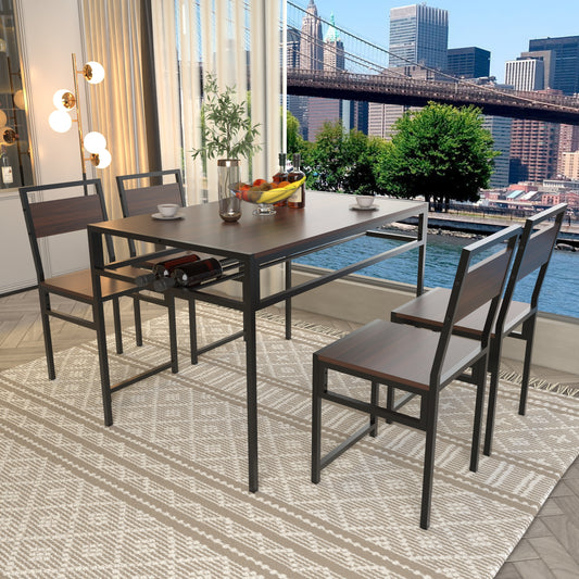 4-Piece Rectangular Dining Table Set with 4 Chairs, Industrial Wood Grain Kitchen Table with Built-in Wine Storage Rack, Space Saving Metal Frame Dinner Furniture for Apartment Kitchen Dining Room