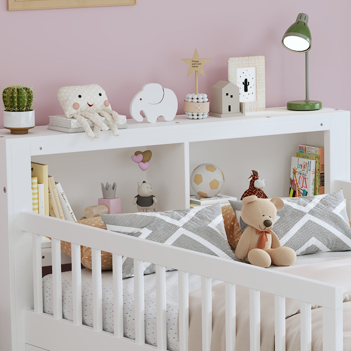 Twin Size Bed with Headboard Storage Rack, Two Under-Bed Drawers, Three-Side Guardrails for Safety and Security, White
