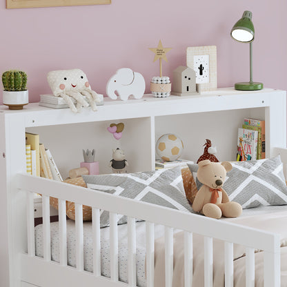 Twin Size Bed with Headboard Storage Rack, Two Under-Bed Drawers, Three-Side Guardrails for Safety and Security, White