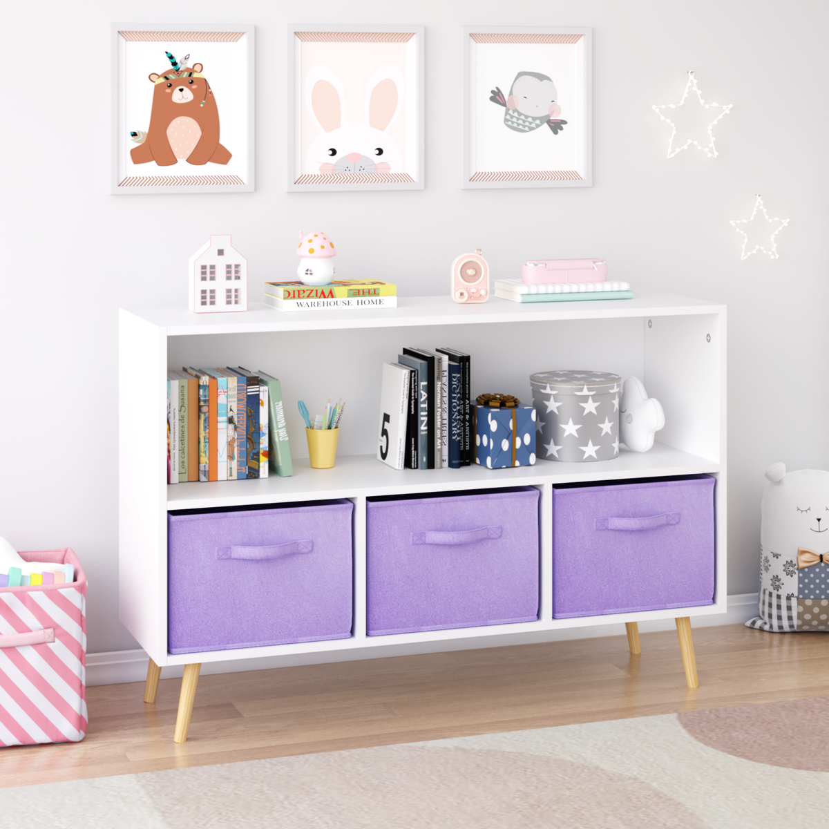 Kids bookcase with Collapsible Fabric Drawers, Children's Book Display, Toy Storage Cabinet Organizer, White/Purple