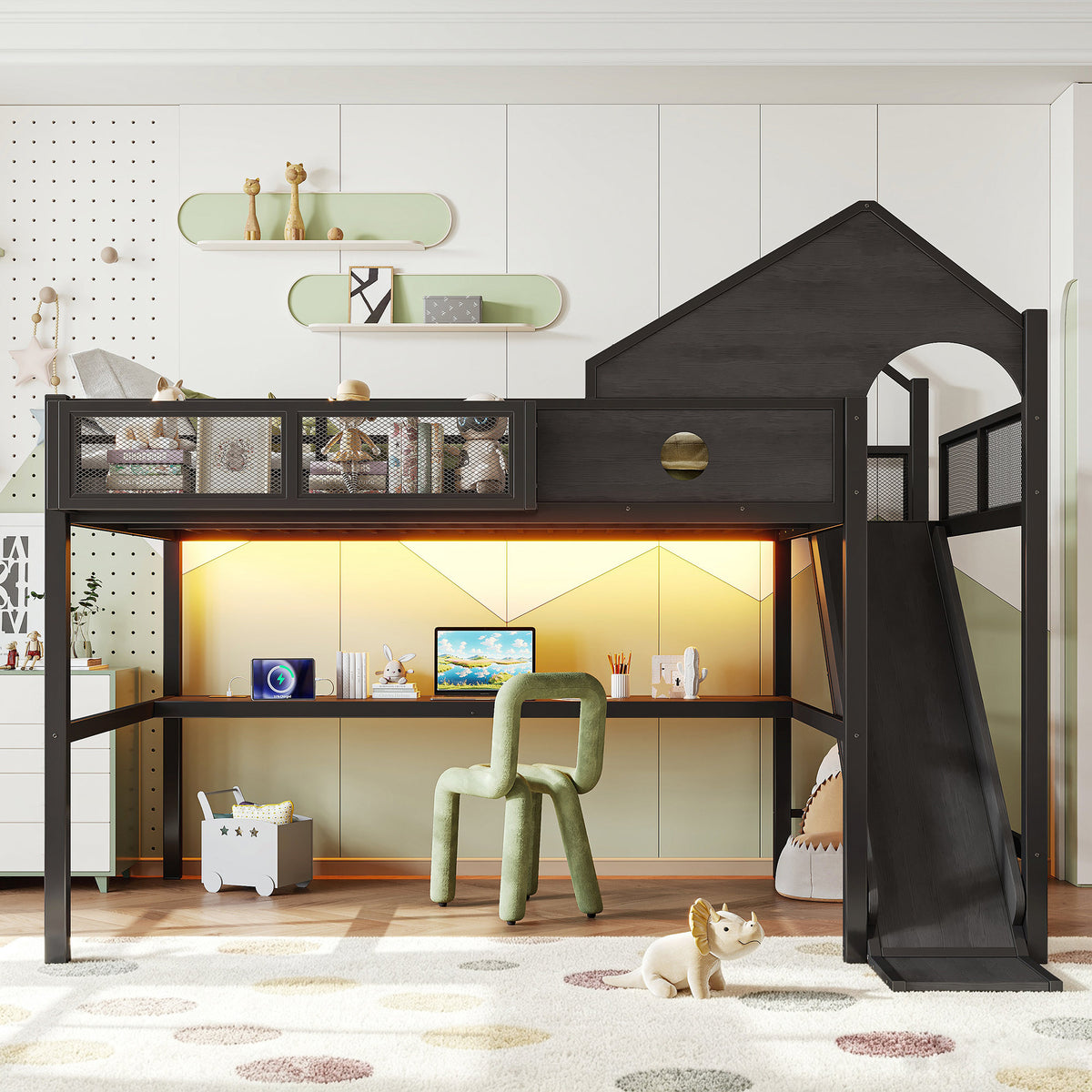 Queen Size Multifunctional Loft Bed with Slide, Desk,and Storage Shelves, Metal Loft Bed Frame With USB Ports And Led Lights, Triangular Geometry House Design, Black