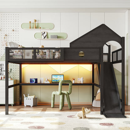 Queen Size Multifunctional Loft Bed with Slide, Desk,and Storage Shelves, Metal Loft Bed Frame With USB Ports And Led Lights, Triangular Geometry House Design, Black