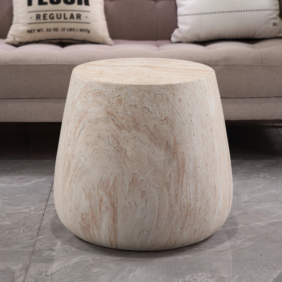 Drum Shaped Accent Coffee Table, MgO Faux Travertine Round Coffee Table, Indoor & Outdoor Decorative Table for Living Room Patio Yard, Top Dia 14.57" x Bottom Dia 18.90" x H 16.54"