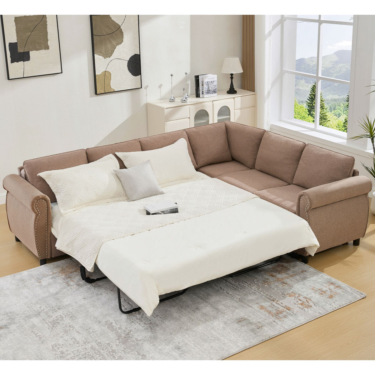 [NEW ARRIVED] [VIDEO PROVIDED] Sleeper Sofa, 2 in 1 Pull Out Couch Bed,6 seater sofa bed, L Shaped Sleeper Sectional Sofa Couch,Riveted sofa,104'' Large combined sofa Bed in living room, Brown