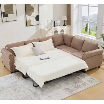 [NEW ARRIVED] [VIDEO PROVIDED] Sleeper Sofa, 2 in 1 Pull Out Couch Bed,6 seater sofa bed, L Shaped Sleeper Sectional Sofa Couch,Riveted sofa,104'' Large combined sofa Bed in living room, Brown