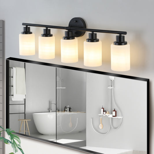 31' Modern 5-Light Vanity Bathroom Mirror Light, Frosted White Glass with Black Iron Frame, Contemporary Wall Sconce for Bedroom, Bathroom, and Dressing Room (Bulb Not Included)