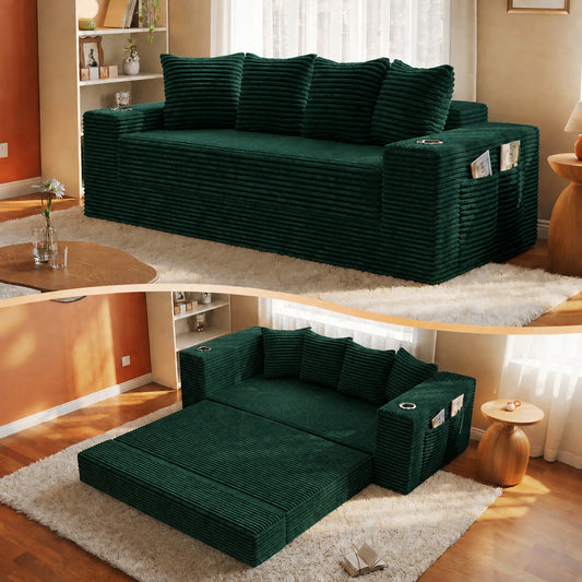 77-Inch Frameless Teddy Couch Bed, Boneless Corduroy Convertible Sofa with Cup Holders, Side Storage and 30 High-Density Foam, Compressed Floor Sleeper Sofa, Green