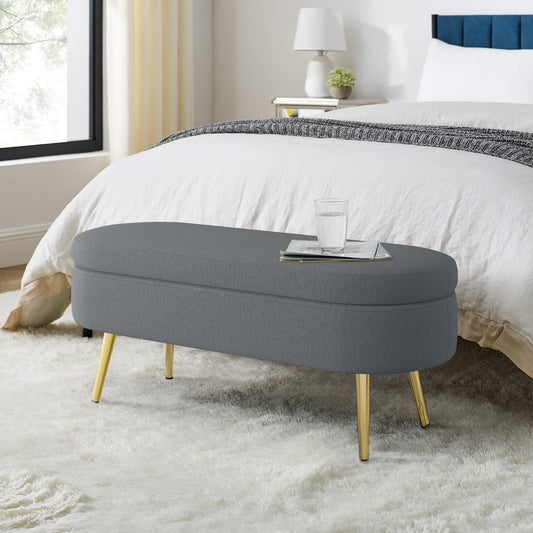Ottoman Oval Storage Bench, Flannel with Metal Legs-Dark Gray(43.5'x16'x16')