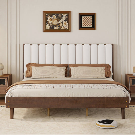 King Size Wood Bed with Piano Key Style Upholstered Headboard , Wood Bed with Strengthened Bed Frame ,Walnut
