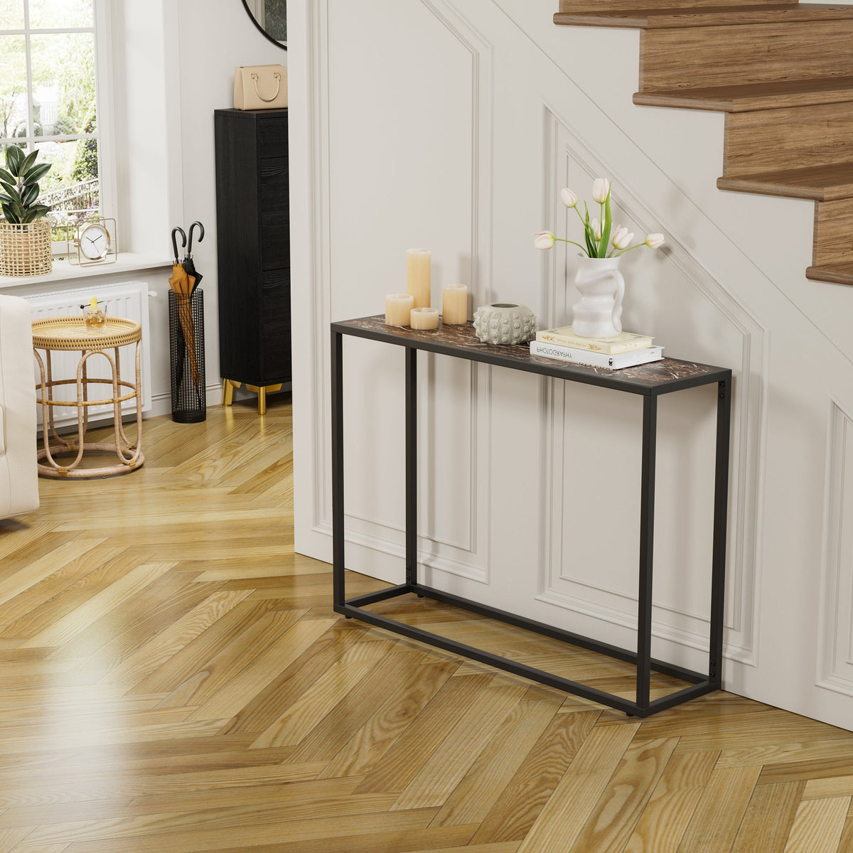 Narrow console table, high-end edge wrapped foyer table, entrance, industrial corridor table, living room, foyer, rural brown and black