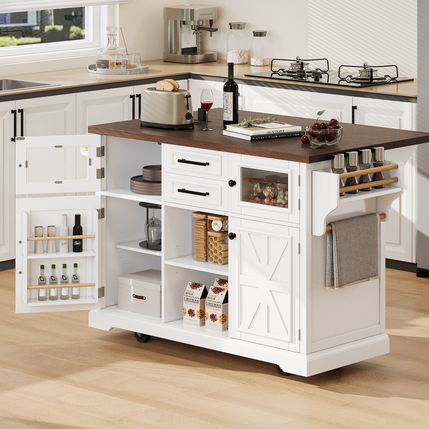 K&K 54.9' Kitchen Island with Drop Leaf, Power Outlet, Kitchen Storage Cart with 4 Door Shelves, Cross Barn Doors & Visual Glass Door, Rolling Kitchen Island on 4 Wheels for Kitchen, Dining Room,White