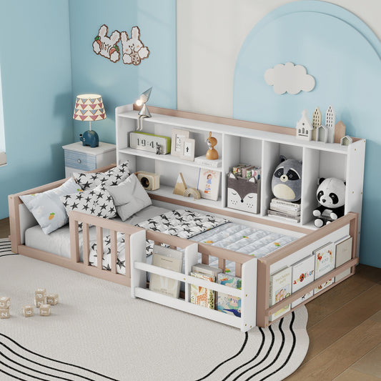 Twin Size Kids Wooden Platform Bed Frame with Guardrail Fence, Side Storage Shelves & Book Shelf, Space Saving Floor Bed,Nude and  White