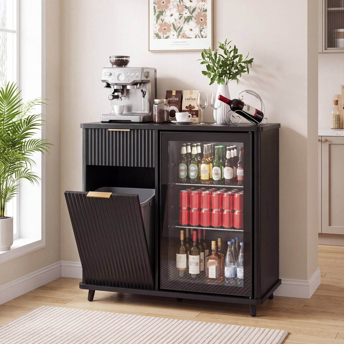 Fluted Coffee Bar Cabinet with Mini Fridge Space & Charging Station, Home Bar Cabinet with Hidden Trash Can Storage & Drawer for Kitchen, Dining Room or Living Room,Black