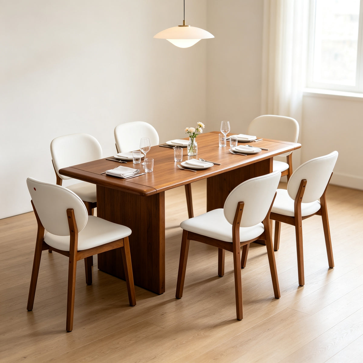 7‑Piece Solid Wood Dining Table Set, Mid‑Century Rectangular Dining Table with 6 Upholstered PU Leather Dining Chairs, Walnut Wood‑Tone Kitchen Dining Room Furniture Set for 4 Persons, Modern Farmhous