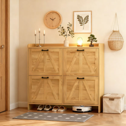 Light Oak Rustic Barn-Door Shoe Cabinet with 4 Flip Drawers, Sleek Space-Saving Entryway Organizer