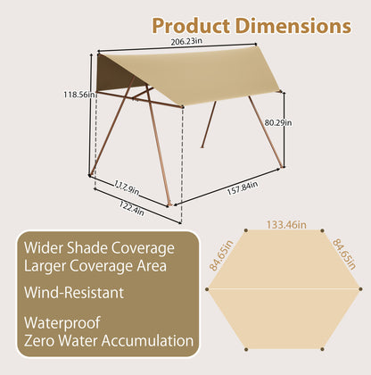 Hexagonal Shade Sail Canopy, Large 206'x118" UV Block Sun Shade with UPF 50+, Waterproof High-Density Polyester Fabric