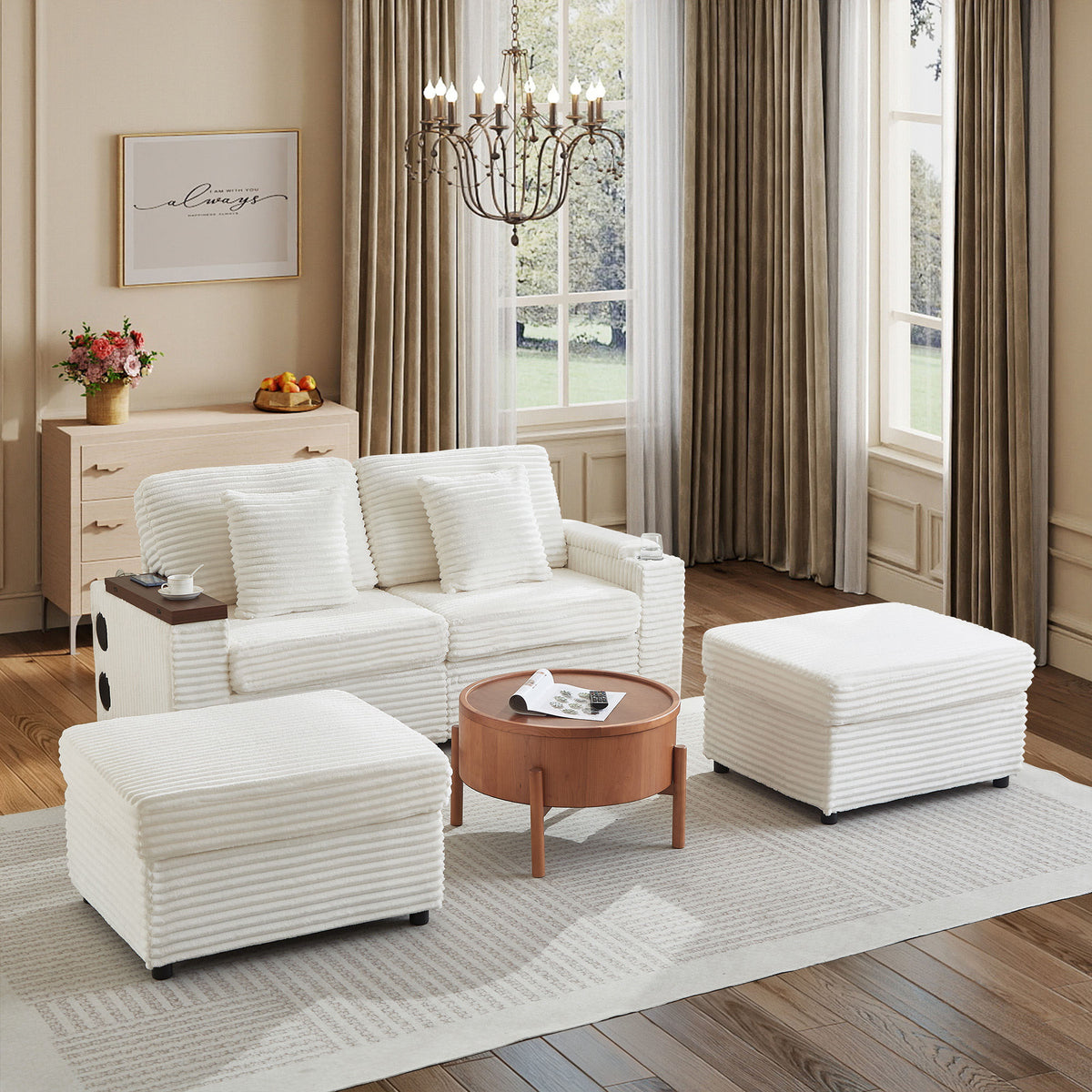 Double Chaise Lounge with Two Storage Ottomans,Corduroy Sofa with Cup Holders, USB Port,Storage Space and Bluetooth Speaker for Living room and Bedroom