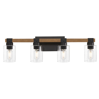 4-Light Farmhouse Vanity Light, Antique Wood Bathroom Wall Light with Clear Glass Shades, Mirror Lighting for Bedroom & Hallway, No Bulbs Included