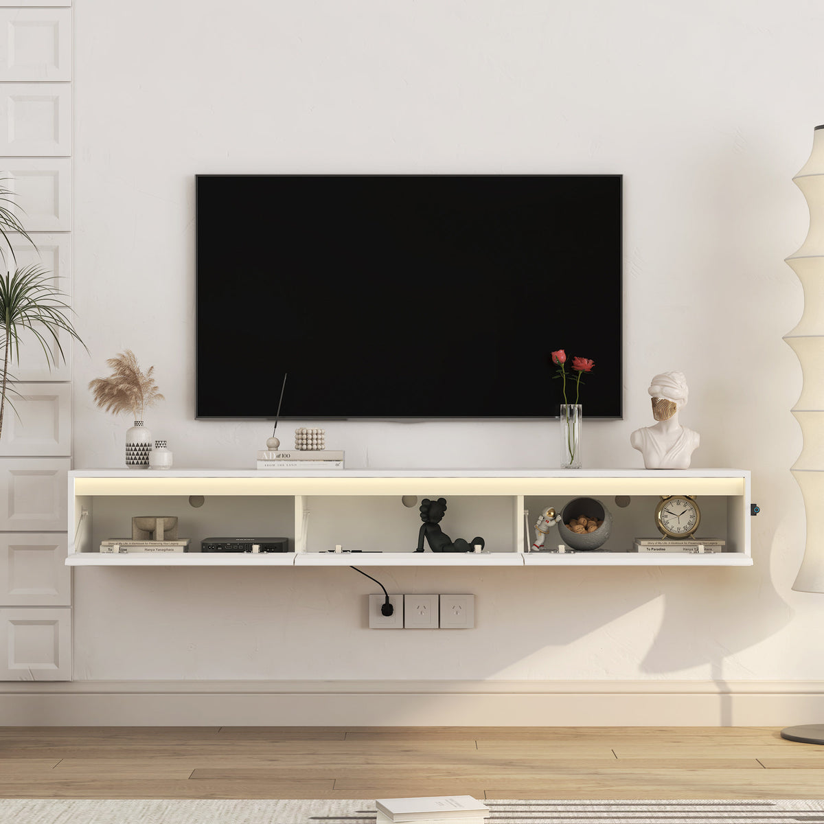 Floating TV Stand, Wall Mounted TV Shelf with Led Lights & Power Outlet, Cabinet for High Gloss tv Stands for Living Room