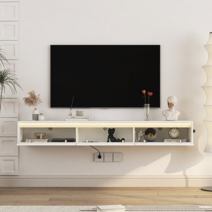 Floating TV Stand, Wall Mounted TV Shelf with Led Lights & Power Outlet, Cabinet for High Gloss tv Stands for Living Room