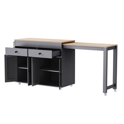 K&K 74.5 inch Kitchen Island with Extendable Dining Table, Rolling Kitchen Island on Wheels with Spice Rack and 2 Drawers, 4 Door Cabinet