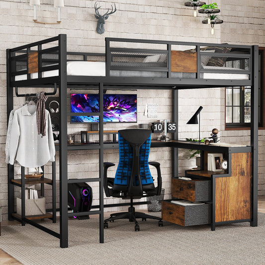 Queen Loft Bed with Desk and Storage Non-woven Fabric Drawers, Metal Loft Bed Frame with Ladders, Nosie-free and No Spring Box Needed, Black