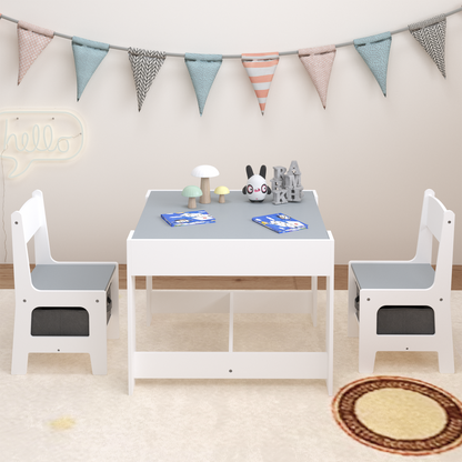 Kids Table and Chair Set, 3-in-1 Wooden Activity Table with Storage Drawer for Toddlers Drawing, Reading, Crafts, 2-in-1 Detachable Top in White+Gray MDF