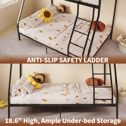 Twin Over Full Bunk Bed, Heavy Duty Metal Bunk Bed Frame with Anti-Slip Ladder & Safety Guardrails, Space-Saving Bunkbeds for Kids Teens Adults, 8.6" Under-Bed Storage, Black