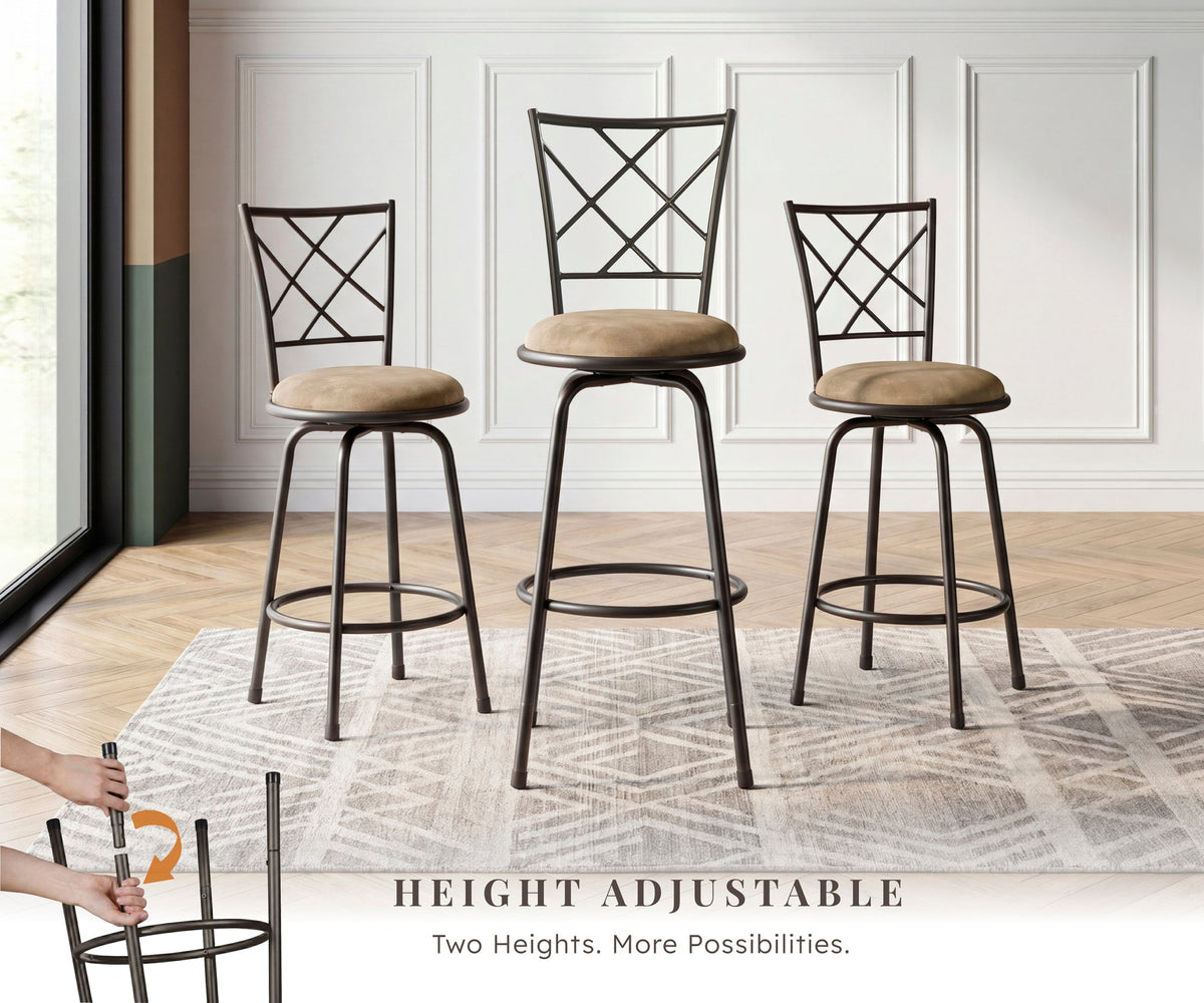 Set of 3 Convertible Chairs Swivel Counter Height, Pub Height Bar Stools Plush Rotating Seats Iron Frame Dark Brown Traditional Dining Furniture