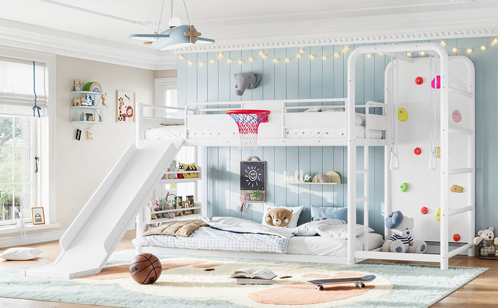 Twin size metal loft/bunk bed with basketball hoop, pull-up rings, climbing wall, and built-in bookshelves. Playful children's design featuring a slide,White.