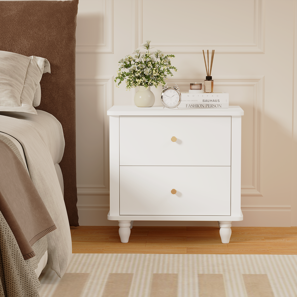 Modern 2-Drawer Nightstand, MDF Wooden Bedside Table with Round Knobs, Small Bedside Cabinet End Table for Bedroom, Living Room, Kids Room, White