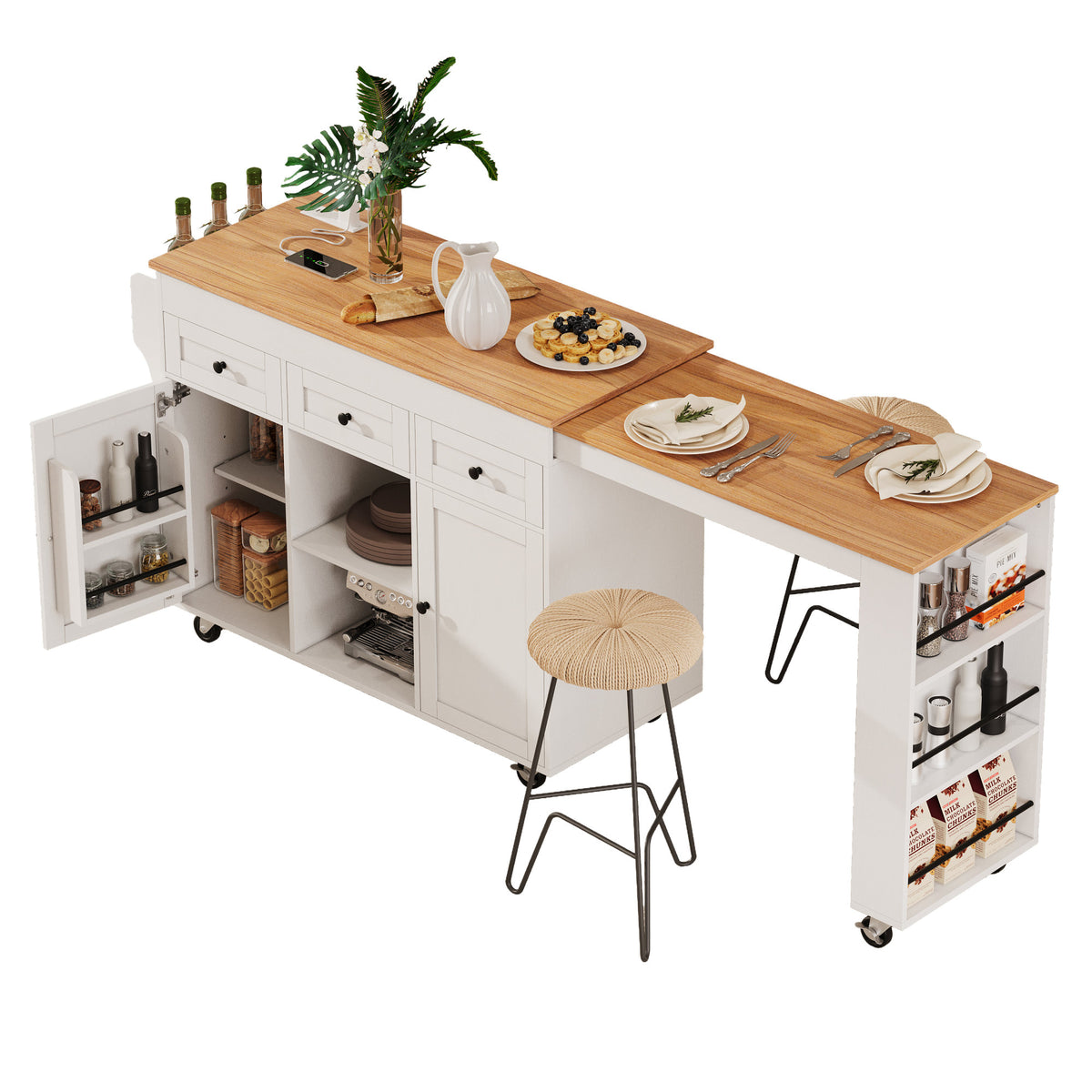 K&K 85.5" Kitchen Island with Extendable Dining Table, Kitchen Storage Table with 3 Side Open Shelves – White