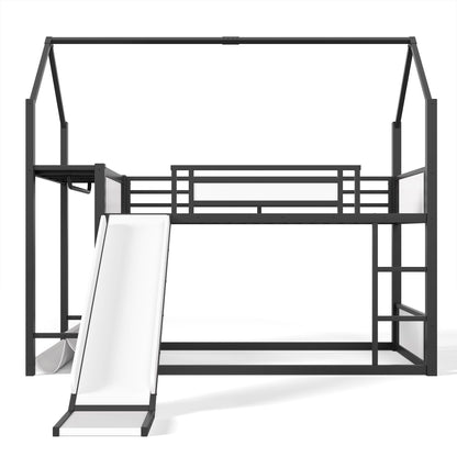 Twin Over Twin Metal Bunk Bed with Slide, LED Clothing Hanging Area, Fabric Storage Shelf & Power Outlet, Childlike Playhouse bunk bed Frame with low-profile design for Kids Girls,boys, Black