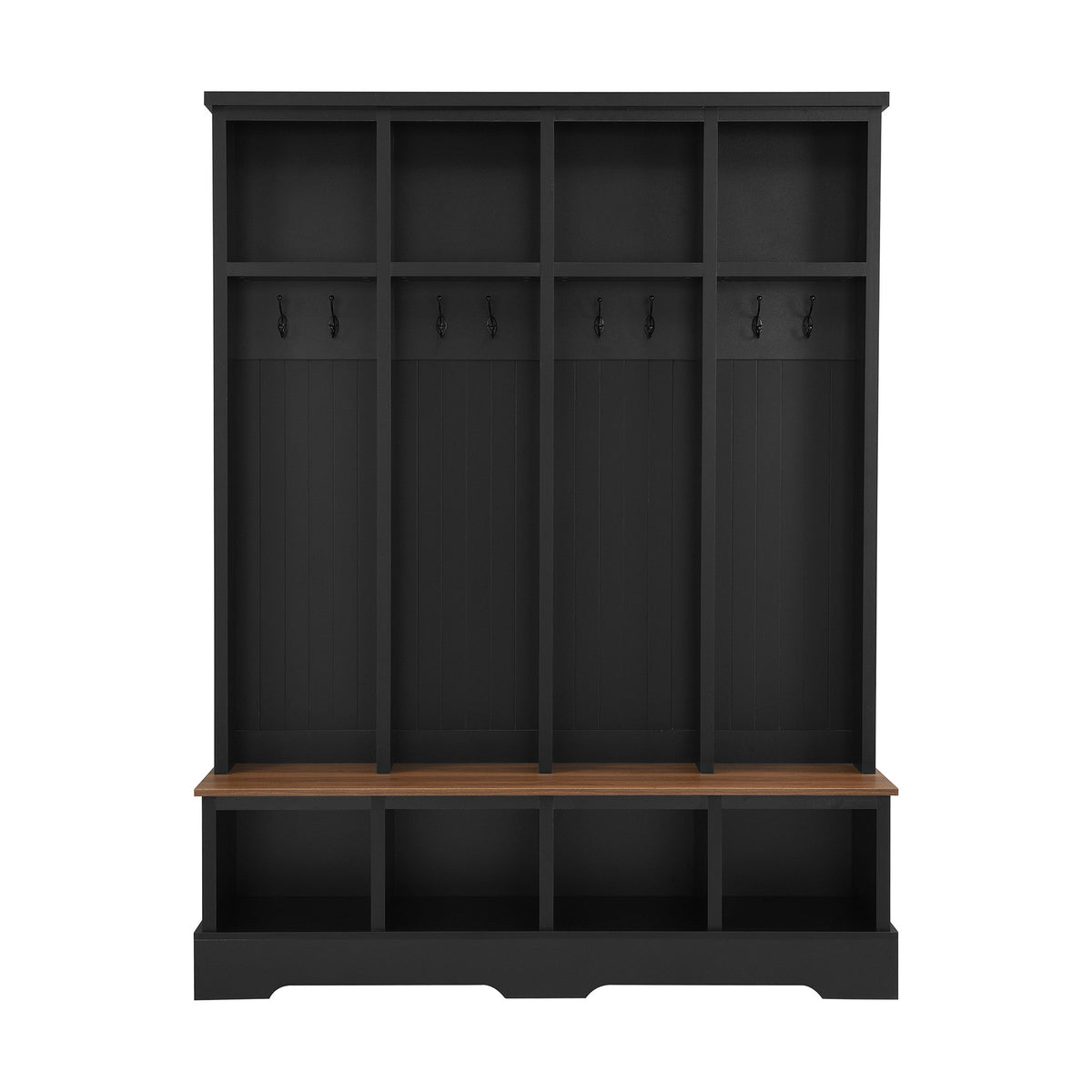 Farmhouse Hall Tree with 8 Hooks, Practical Entryway Bench with Open Compartments, 76.7'H Modern 3-in-1 Wooden Style Coat and Shoe Rack for Mudroom, Living Room, Black