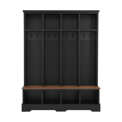 Farmhouse Hall Tree with 8 Hooks, Practical Entryway Bench with Open Compartments, 76.7'H Modern 3-in-1 Wooden Style Coat and Shoe Rack for Mudroom, Living Room, Black