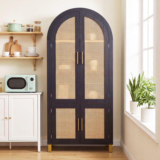 71" Tall Arched Cabinet with Rattan Doors & Adjustable Shelves,4 Doors Modern Farmhouse Storage Cabinet with Built-in Racks for Kitchen, Dining Room, Study, Black
