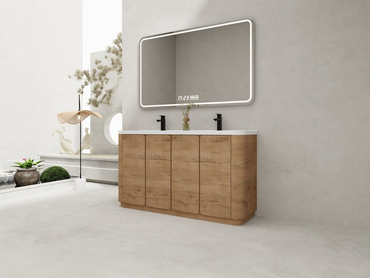 60'' Freestanding Bathroom Vanity with White Resin Sink, 4-Soft-Close Door, KD-Packing, Plywood, Imitative Oak