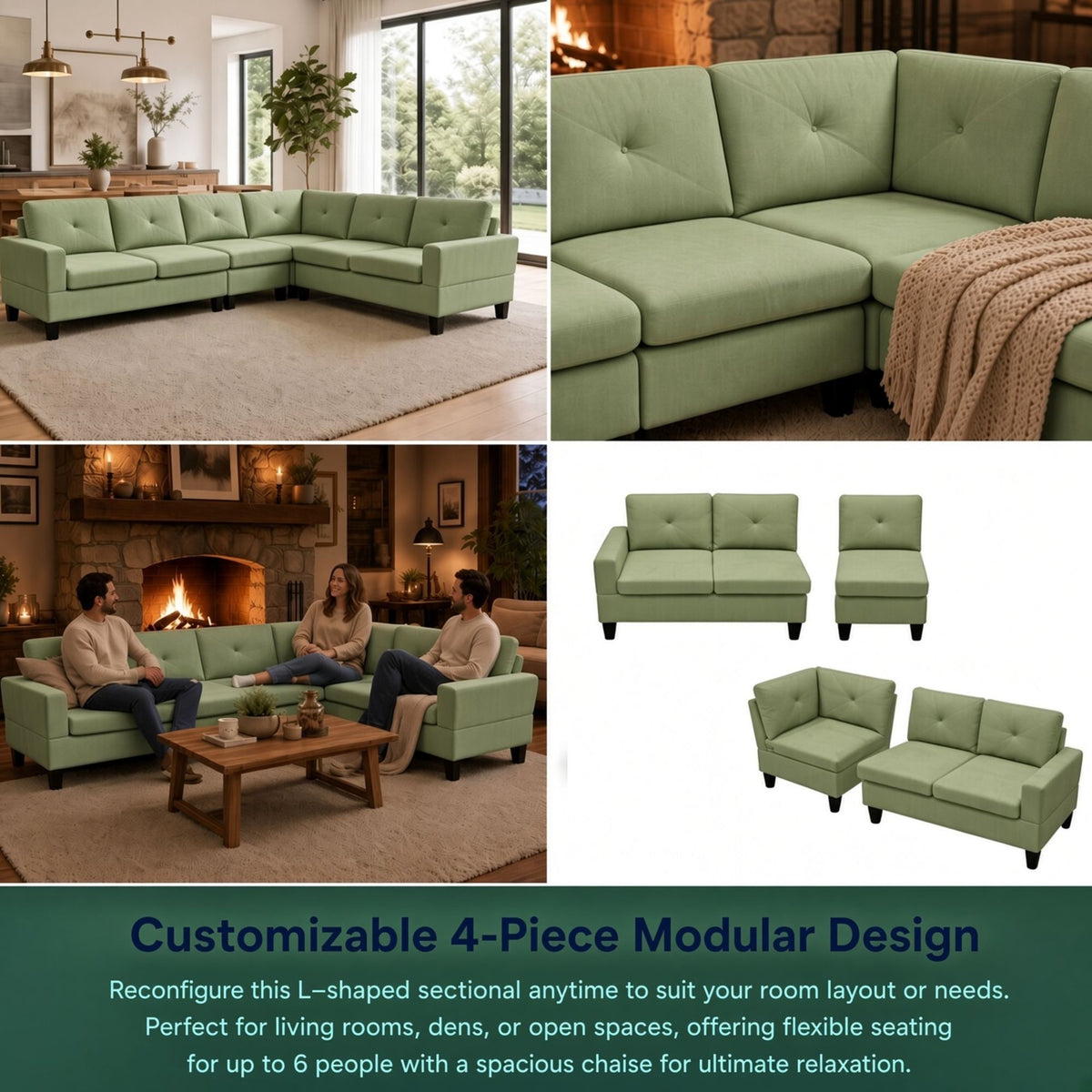 95.5 x 75 Inches Width Apple Green Modular L-Shaped Sectional Sofa 6-Seater 4-Piece Massa Flannel  Fabric Couch with Chaise