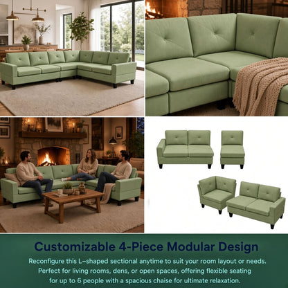 95.5 x 75 Inches Width Apple Green Modular L-Shaped Sectional Sofa 6-Seater 4-Piece Massa Flannel  Fabric Couch with Chaise
