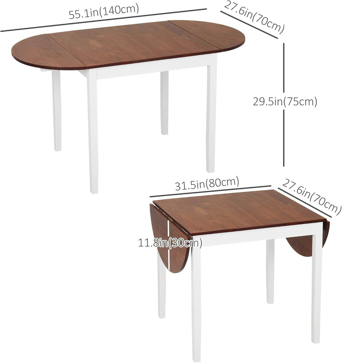 DFW Solid Wood Folding Dining Table, Drop Leaf Kichen Dining Room Desk for Small Spaces, Small Kitchen, Expandable Folding Round Table for Home, Apartment,Office, Brown