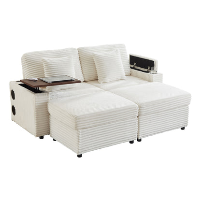 Double Chaise Lounge with Two Storage Ottomans,Corduroy Sofa with Cup Holders, USB Port,Storage Space and Bluetooth Speaker for Living room and Bedroom